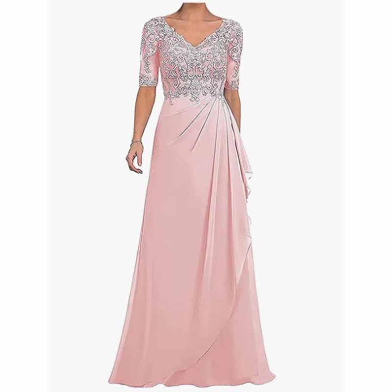Pink chiffon lace mother of the bride dress with embellished bodice and flowing skirt