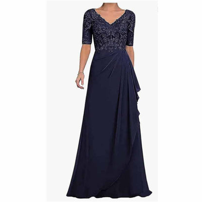 Elegant chiffon lace mother of the bride dress in navy blue with intricate beading and a flowing skirt
