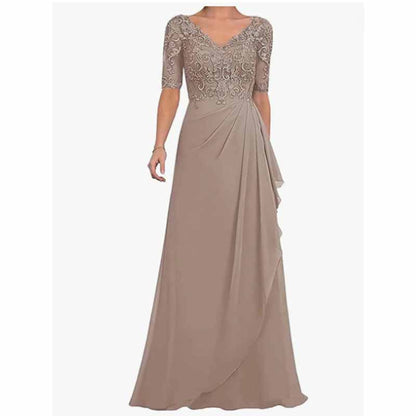 Elegant chiffon lace mother of the bride dress in neutral tones with intricate beadwork and a flattering silhouette