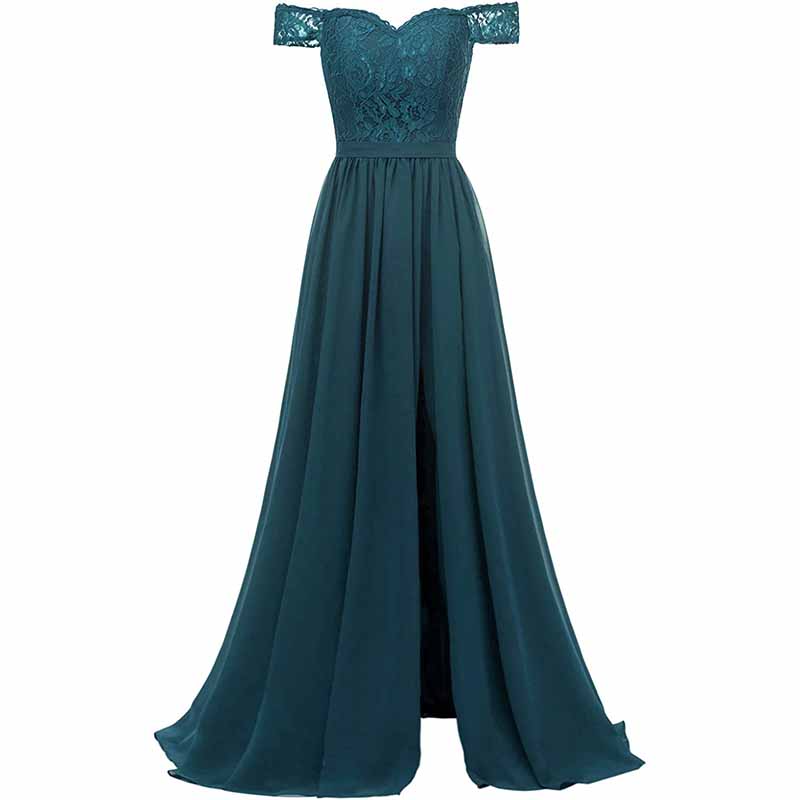 Women Off Shoulder Split Bridesmaid Dresses Long Floral Lace Chiffon Formal Wedding Evening Party Gowns