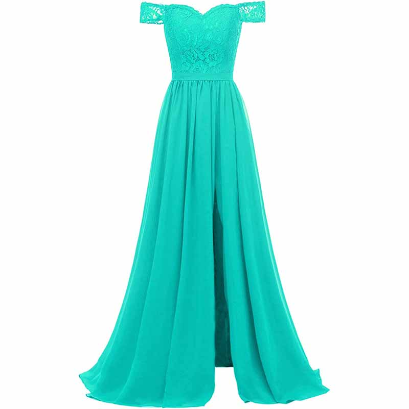 Women Off Shoulder Split Bridesmaid Dresses Long Floral Lace Chiffon Formal Wedding Evening Party Gowns