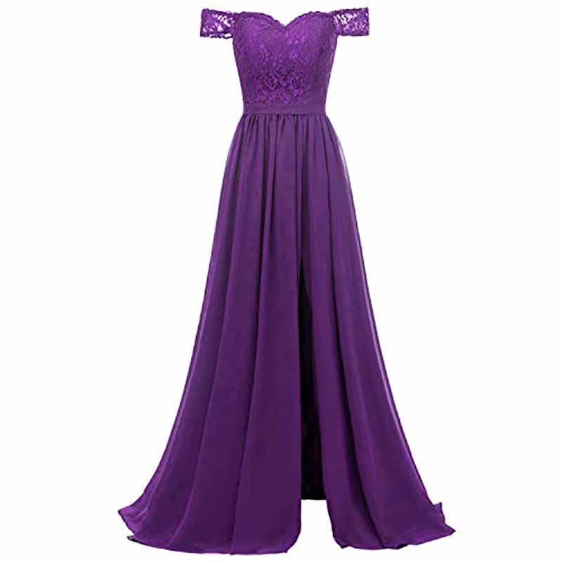 Women Off Shoulder Split Bridesmaid Dresses Long Floral Lace Chiffon Formal Wedding Evening Party Gowns