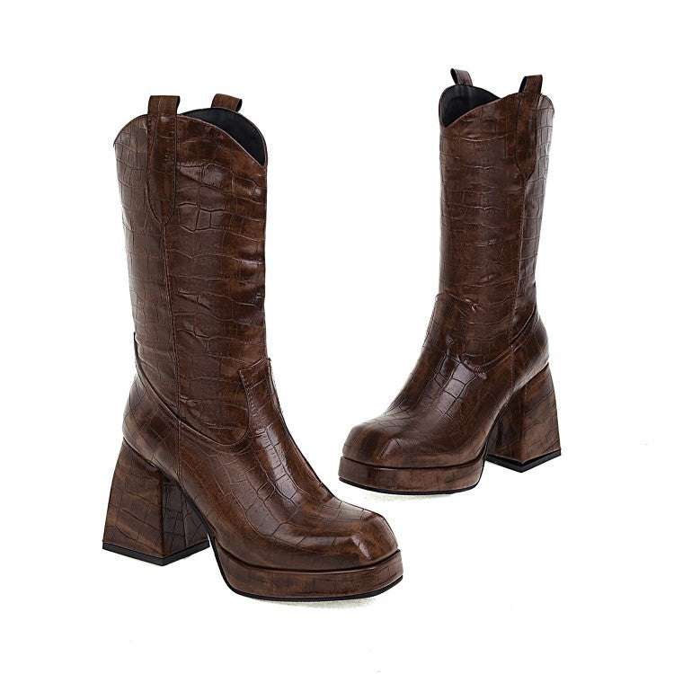 Stylish chunky block heel booties for women in brown croc-embossed finish, perfect for any outfit