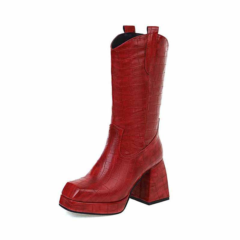 Stylish red chunky block heel booties for women in a crocodile texture perfect for fashionable outfits