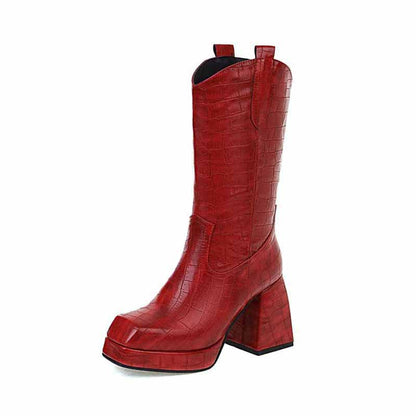 Stylish red chunky block heel booties for women in a crocodile texture perfect for fashionable outfits