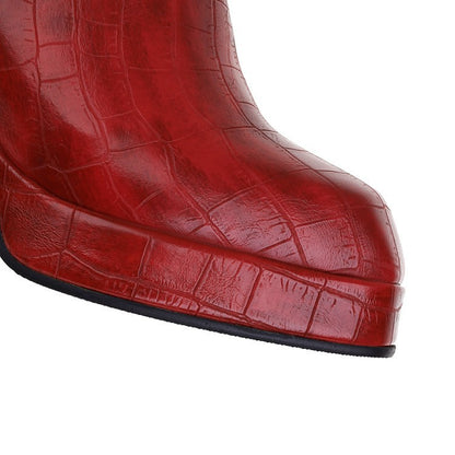Red chunky block heel booties for women with a stylish crocodile texture