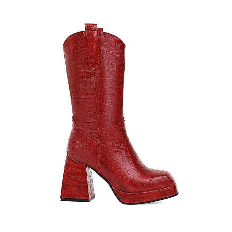 Red Croc-Embossed Chunky Block Heel Booties for Women with Stylish Design and Comfortable Fit