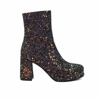 Sparkly sd-hk chunky heel party boots for women with glittery finish for festive occasions