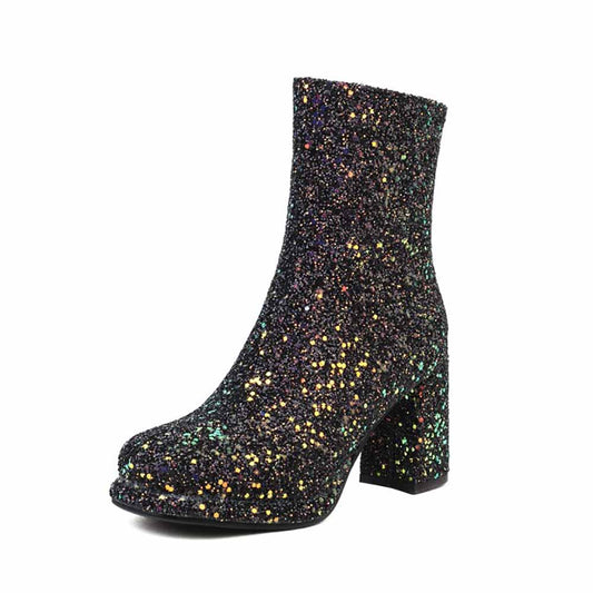 Sparkly black chunky heel party boots for women with glittery finish for a stylish look