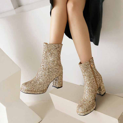 Gold Glitter Chunky Heel Party Boots for Women with Side Zipper and Stylish Design
