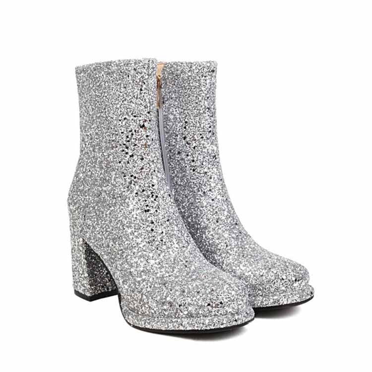 Shiny silver chunky heel party boots for women with a stylish zipper detail