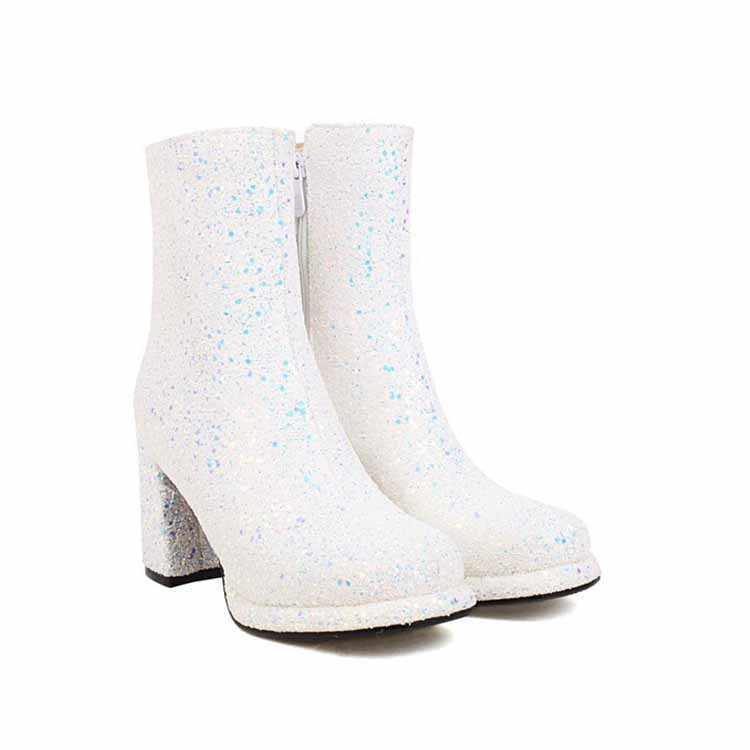 Chunky heel party boots for women in white with glittery finish for stylish nightouts