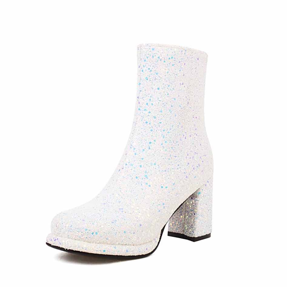 Glittery white chunky heel party boots for women with a stylish design and perfect for events