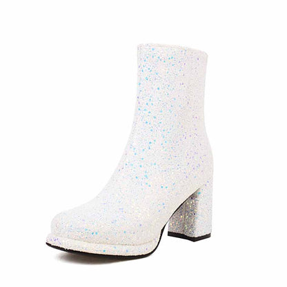 Glittery white chunky heel party boots for women with a stylish design and perfect for events