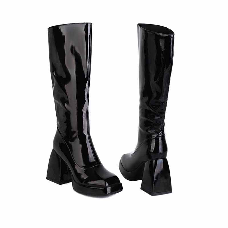 Stylish women's knee high boots with chunky heel in sleek black patent finish for a trendy look
