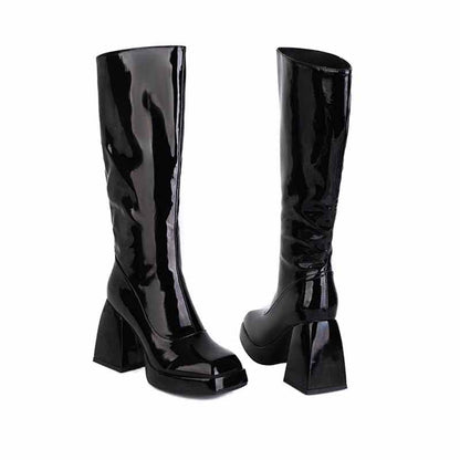 Stylish women's knee high boots with chunky heel in sleek black patent finish for a trendy look
