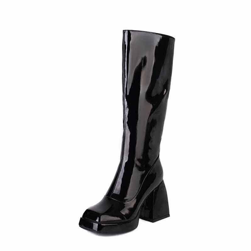 Shiny black women's knee high boots with chunky heel for a stylish look
