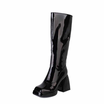 Shiny black women's knee high boots with chunky heel for a stylish look