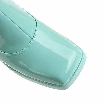 Stylish mint green women's knee high boots with chunky heel for a trendy look