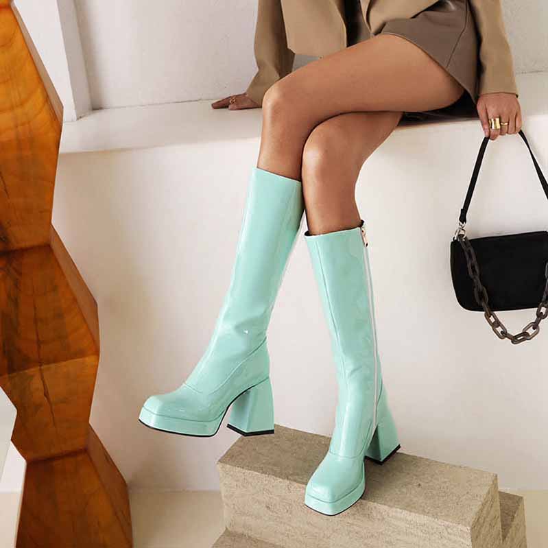 Stylish mint green women's knee high boots with chunky heel, perfect for a fashionable look