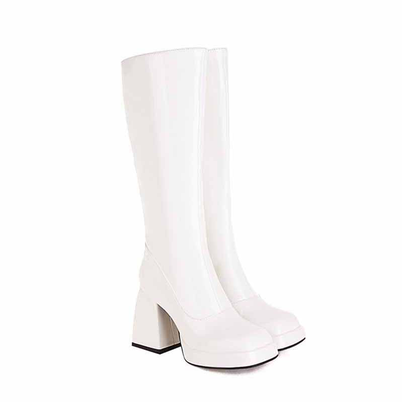 Stylish white women's knee high boots with chunky heel for a chic and fashionable look