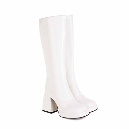 Stylish white women's knee high boots with chunky heel for a chic and fashionable look