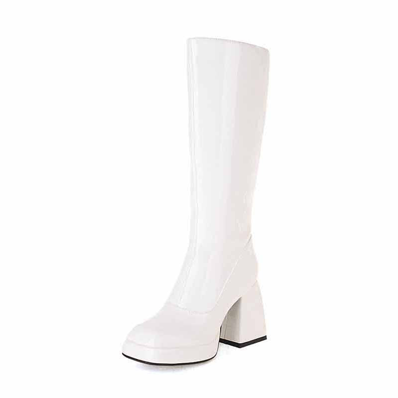 Stylish white women's knee high boots with chunky heel for trendy winter outfits