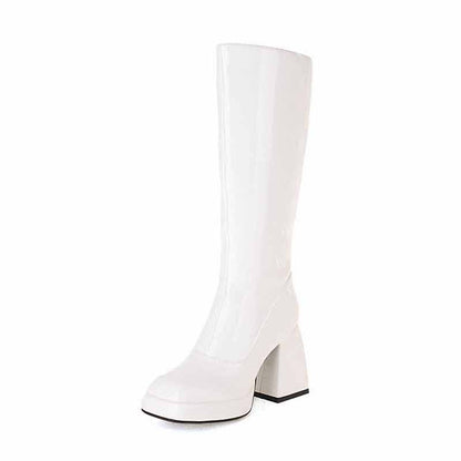 Stylish white women's knee high boots with chunky heel for trendy winter outfits