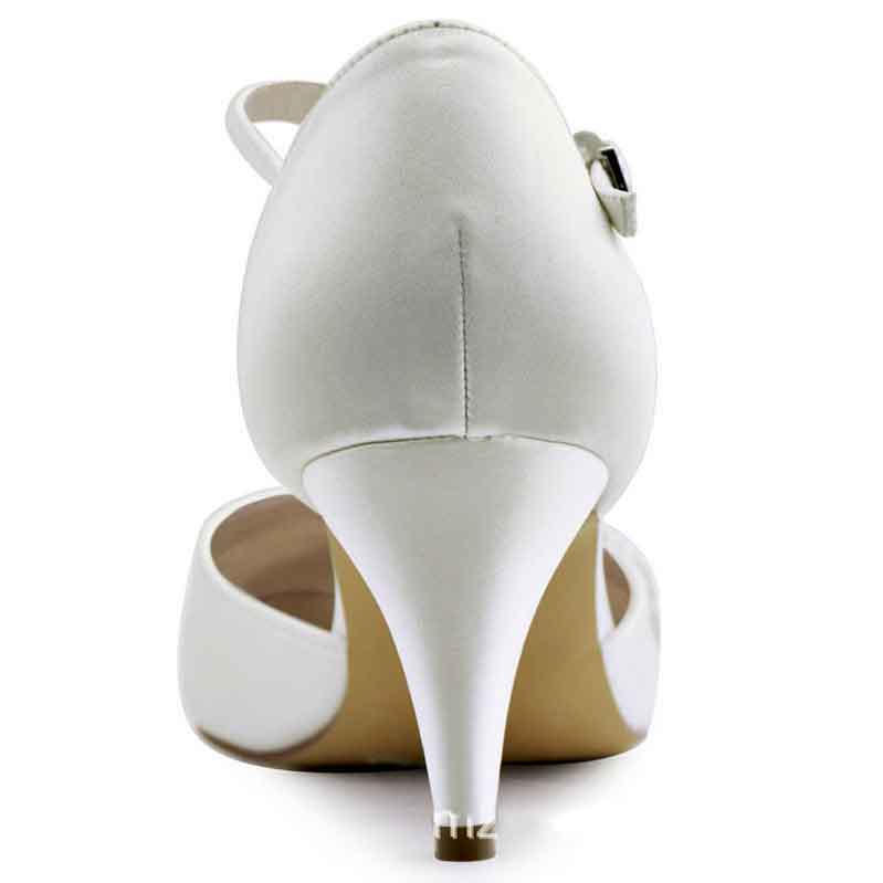 Elegant closed toe bridal shoes low heel in white satin with a delicate strap for weddings