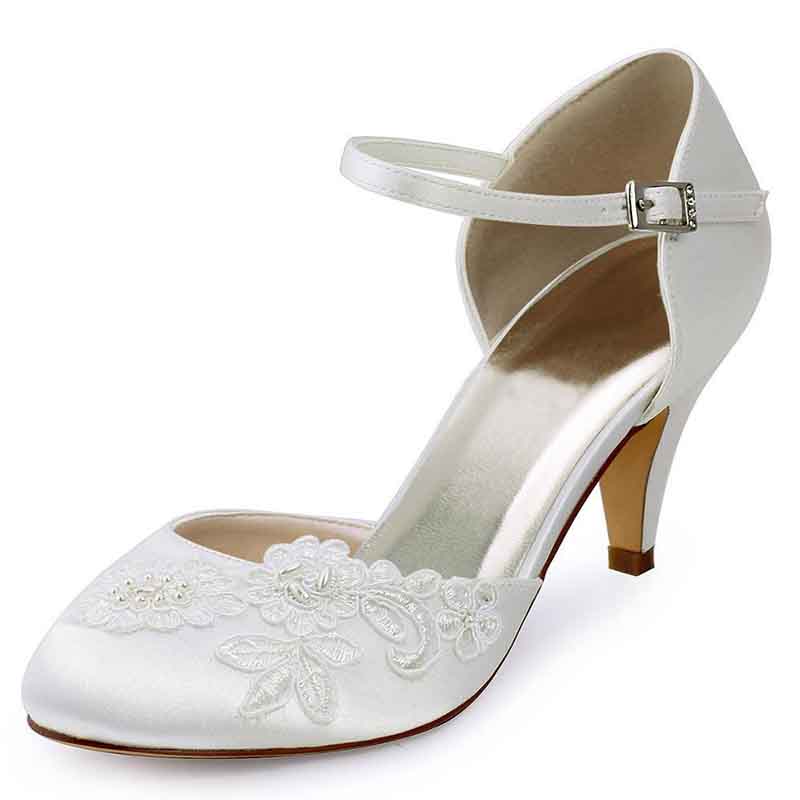 Elegant closed toe bridal shoes low heel with floral embroidery and ankle strap