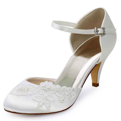 Elegant closed toe bridal shoes low heel with floral embroidery and ankle strap