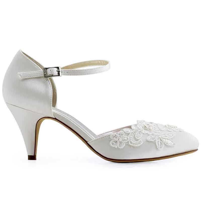 Elegant closed toe bridal shoes low heel with adjustable ankle strap and floral embroidery detail