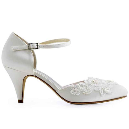 Elegant closed toe bridal shoes low heel with adjustable ankle strap and floral embroidery detail