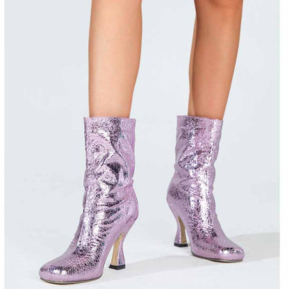 Women's Short Sequin Boots PU Heeled Spangly Booties