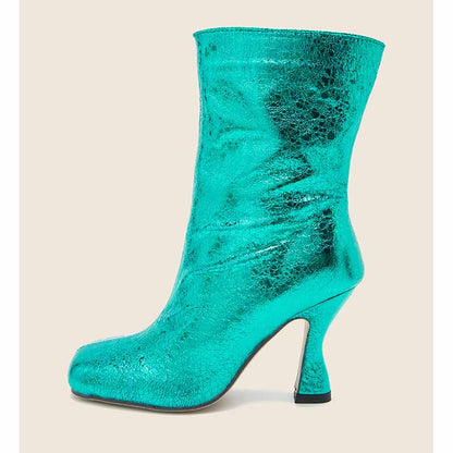 Women's Short Sequin Boots PU Heeled Spangly Booties