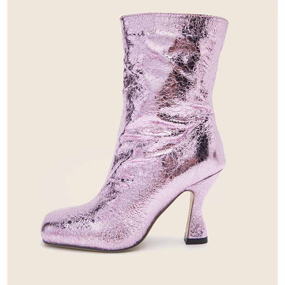 Women's Short Sequin Boots PU Heeled Spangly Booties