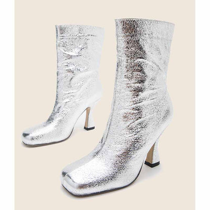 Women's Short Sequin Boots PU Heeled Spangly Booties