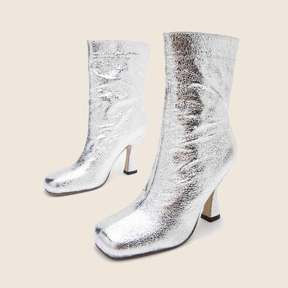 Women's Short Sequin Boots PU Heeled Spangly Booties