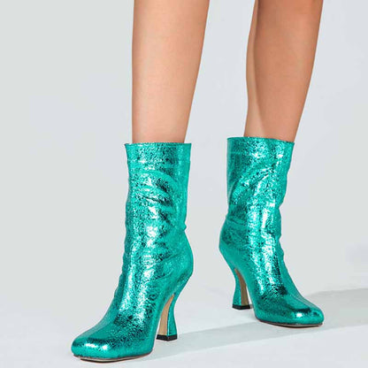 Women's Short Sequin Boots PU Heeled Spangly Booties