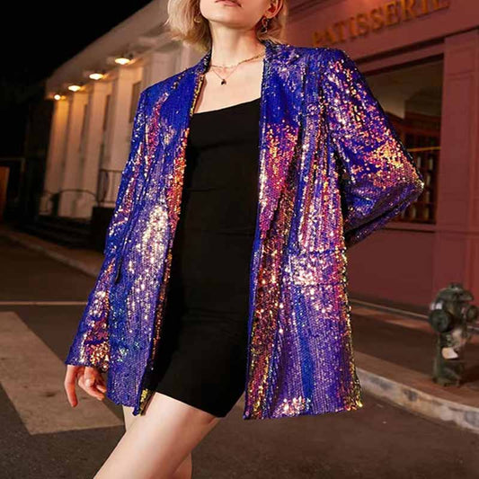 Colorful glitter party jacket for women with shimmering sequins and a stylish open front design