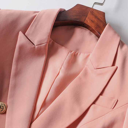 Women's Luxury Fitted Blazer Coral Lion Buttons Coat Double Breasted Jacket