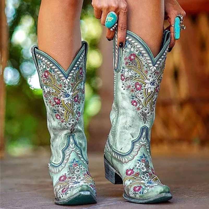 Stylish country style bridal boots for women in mint green with floral embroidery and heel