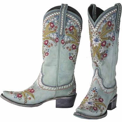 Light blue country style bridal boots for women with floral embroidery and a stylish pointed toe