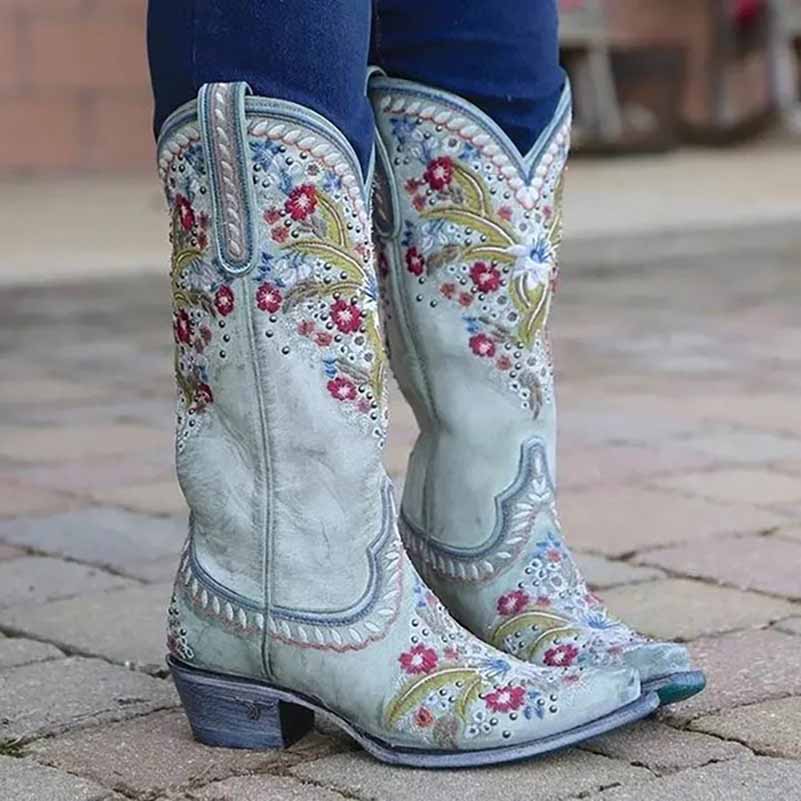 Stylish country style bridal boots for women with floral embroidery and a distressed finish