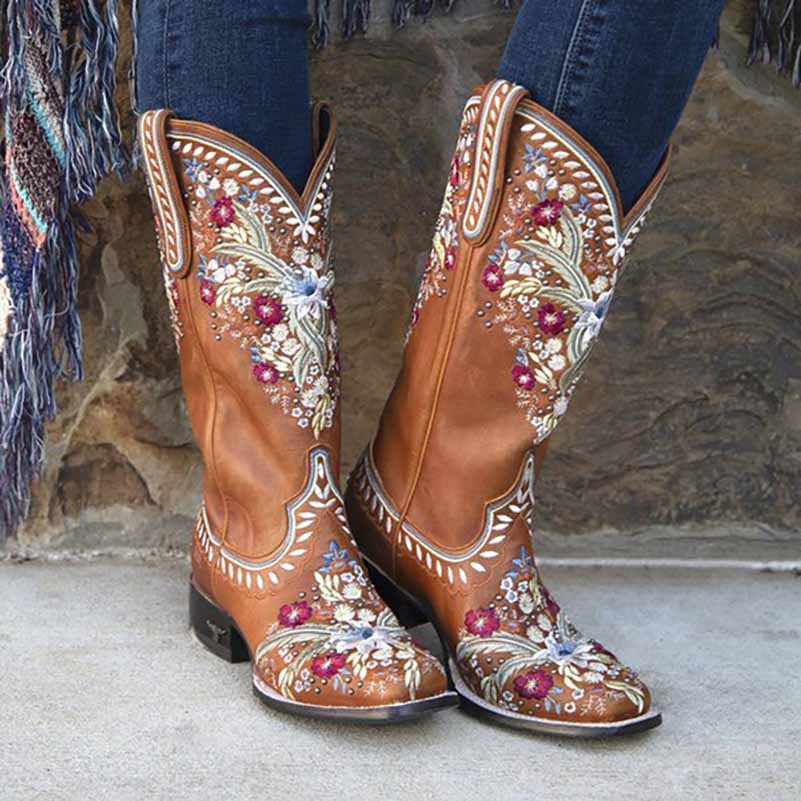 Brown country style bridal boots for women featuring intricate floral embroidery and a classic design