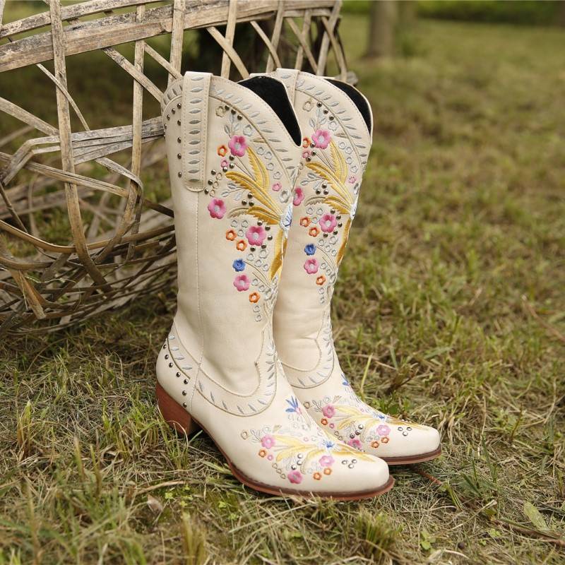 White country style bridal boots for women with floral embroidery and a classic design
