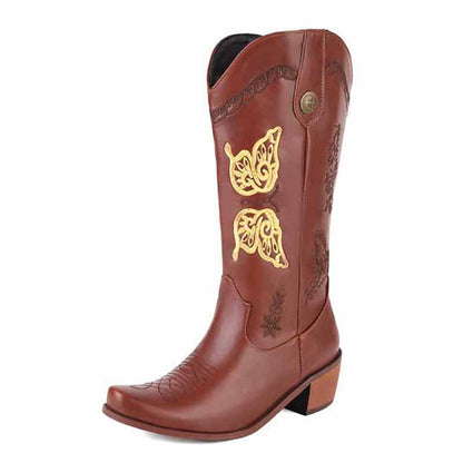 Tucomosi women's floral embroidery cowgirl boots in brown with decorative butterfly design