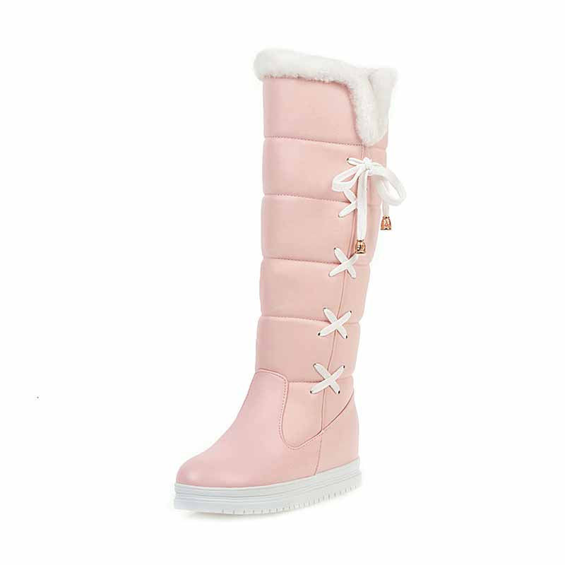 Pink cute winter boots for women with fur lining and stylish lace details