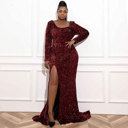 Women Plus Size Wine Red Prom Mermaid Gowns High Split Sequin Prom