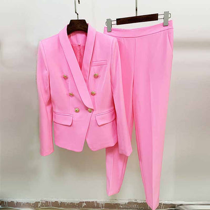 Womens Hot Pink Pantsuit Blazer + High Waist Nine-Point Suit Pants